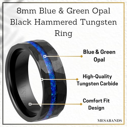 Men's Wedding Ring 8mm Black Hammered Tungsten Blue & Green Opal Inlay – Comfort Fit Mens Wedding Band with Antique Wooden Ring Box2