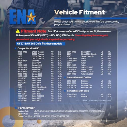 Image of ENA UF271 Square Ignition Coils 41-962 Spark Plugs 748UU Spark Plug Wires Set Compatible with Chevy Silverado Avalanche Suburban Tahoe Express GMC Sierra Yukon Escalade 4.8L 5.3L 6.0L, Set of 8