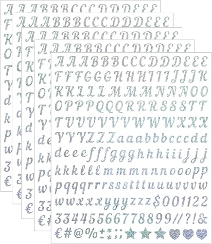 5 hojas alfabeto decorativo 1000 PCS calcomanías letras de guión brillante vinilo autoadhesivo para decoración de paredes, espejos, botellas, computadoras portátiles, tarjetas de felicitación, diario,