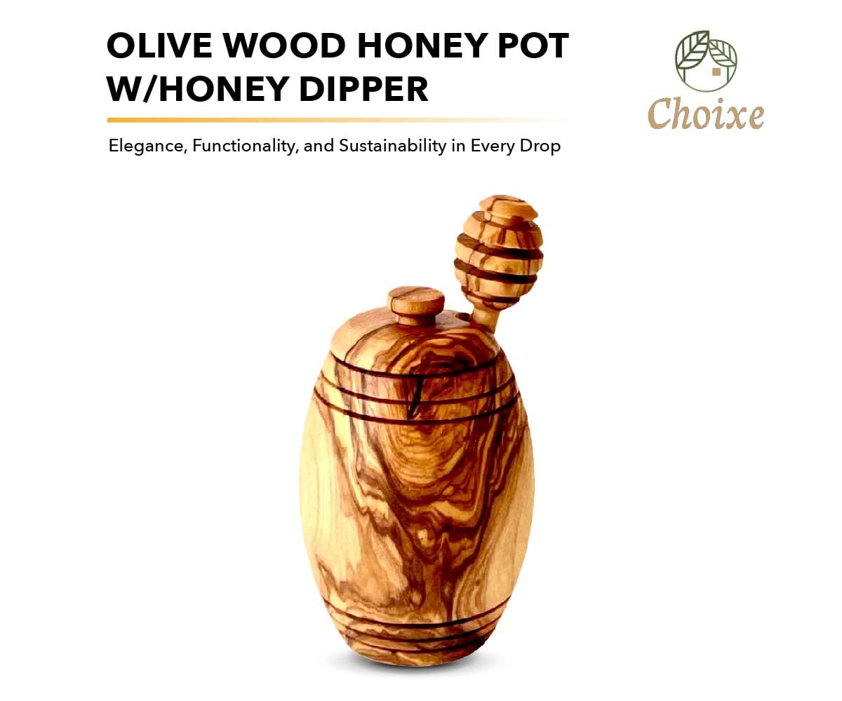 Choixe. Olive Wood Honey Pot with Honey Dipper. Authentic Mediterranean Olive Wood. Handcrafted.
