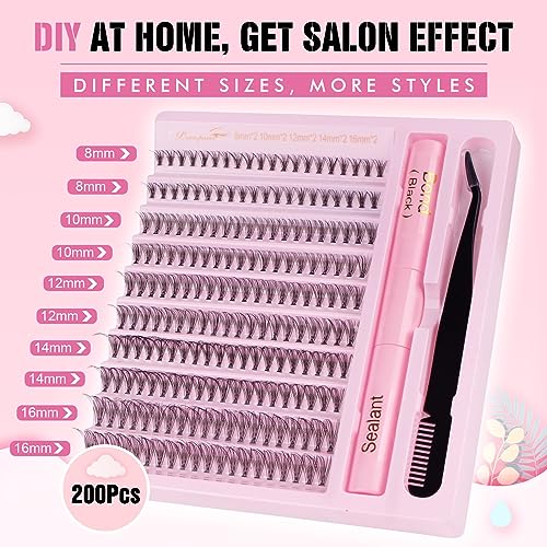 Parriparri Lash Extension Kit 200pcs DIY Individual Lashes with Bond and Seal and Lash Applicator C Curl Cluster Lashes Kit 20D False Eyelashes Extension for DIY at Home (20D-0.07C-8-16MIX KIT) - Image 2