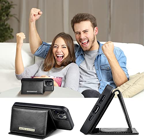 Image of PULOKA iPhone 12 /12 PRO Pu Leather Wallet Case Cover with 5 Card or Cash Slot Magnetic Detachable 2 in 1 Removable Smart Case - Black