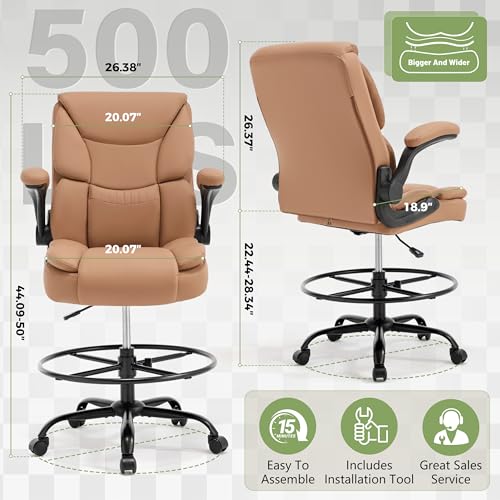 Image of 500LBS Drafting Chair, High Back Safer Standing Desk Chair, Executive Tall Office Chair with Flip-up Armrests, Upholstered PU Leather Task Chair, Ergonomic Seat with Adjustable Height&Foot Ring, Brown