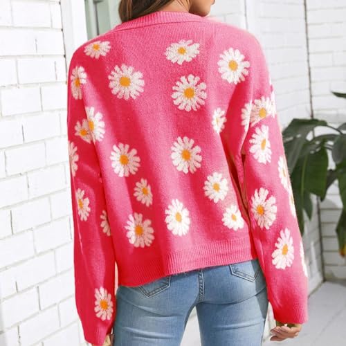 Image of Women's Long Sleeve Cardigan Sweater,Cute Y2K Top Knit Colorful Patterned V Neck Button Outwear S~XL