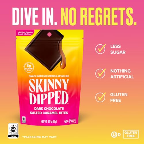 Image of SkinnyDipped Dark Chocolate Salted Caramel Bites, 3.17oz Bags | 4 Pack | Rich Dark Chocolate | Creamy Caramel| Individually Wrapped | Low Sugar | Gluten Free