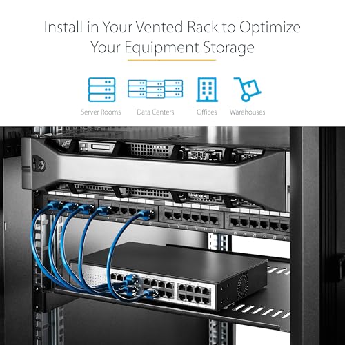 Image of StarTech 2-Pack 1U Vented Rack Shelf, 10in, 44lb (CABSHELFV1U-2PK) | 19in network rack or cabinet fit, 20kg per shelf, 25cm deep, SPCC cold-rolled steel, Rackmount tray