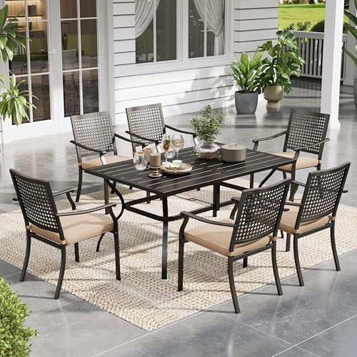 Image of Sophia & William 7 Piece Metal Outdoor Patio Dining Bistro Sets with Umbrella Hole, 60 inch x 37.8 inch Rectangle Patio Table and 6 Backyard Garden Outdoor Chairs
