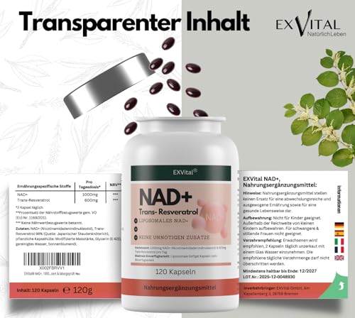 EXVital® NAD+, 1000mg NAD+ & 600mg Trans-Resveratrol pro Tag- 120 vegane Softgels - liposomal & maximale Bioverfügbarkeit, hochdosiert & laborgeprüft