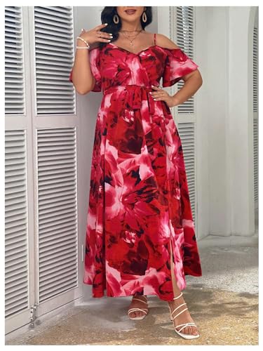 Image of Floerns Women's Plus Size Cold Shoulder Short Sleeve Split Thigh Long Dress