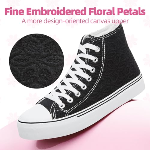 Rominz Women's High Top Canvas Sneakers Fashion Floral Embroidery White & Black Casual Non-Slip Shoes for Women Lightweight Breathable2