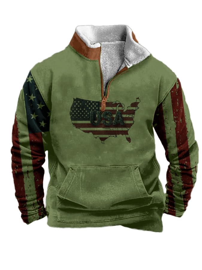 Mens American Printed Sweatshirt Vintage Patriotic Quarter Zip up Hoodie Casual Long Sleeve Fleece Stand Collar Pullover Tops