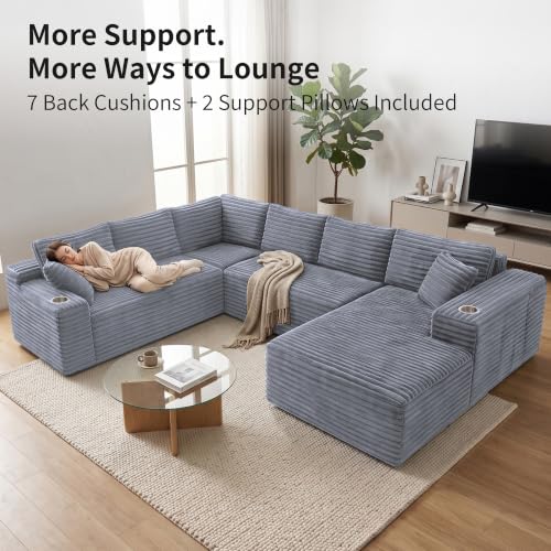 Image of 122 inch Oversized Cloud Sectional Couch for Living Room, 7 Seater U Shaped Sofa Modular Boneless Couch with Chaise | Deep Seater | Cup Holder | Side Pocket | No Assembly | Plus Corduroy, Light Gray