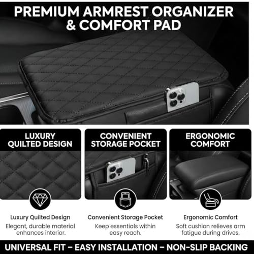 Image of Car Armrest Cushion with Storage, Heightened Padded Centre Console Extender with Quilted Leather-Finish Cover for Car, SUV and Compatible Vehicles, Car Armrest Cushion Pad