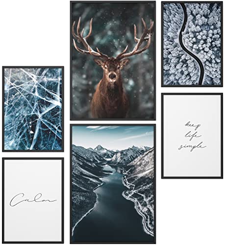 Papierschmiede® Mood Poster Set Era de hielo, Cuadros como decoración de paredes, Living y dormitorio, 2x A3 y 4x A4, Alce Invierno escarcha nieve azul - sin marco