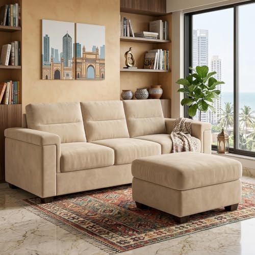 Image of FURNY Parker 3 Seater Sofa Set with Ottoman | Premium Suede Velvet Fabric Finish | Durable Comfort Sofa for Modern Living Room & Office Spaces (Cream)