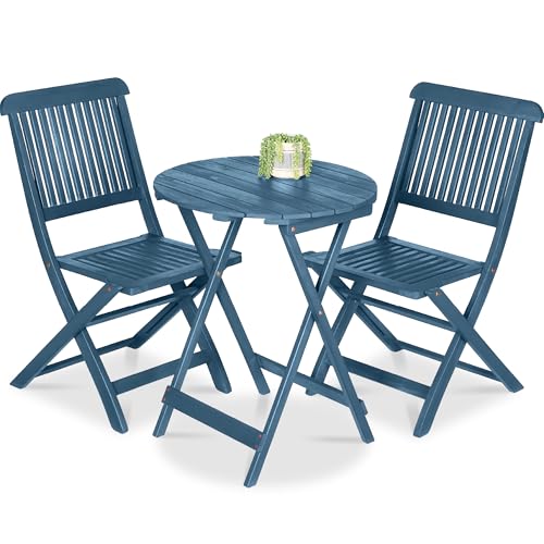 Best Choice Products 3-Piece Acacia Wood Bistro Set, Folding Patio Furniture for Backyard, Balcony, Deck w/ 2 Chairs, Round Coffee Table, Teak Finish - Slate Blue