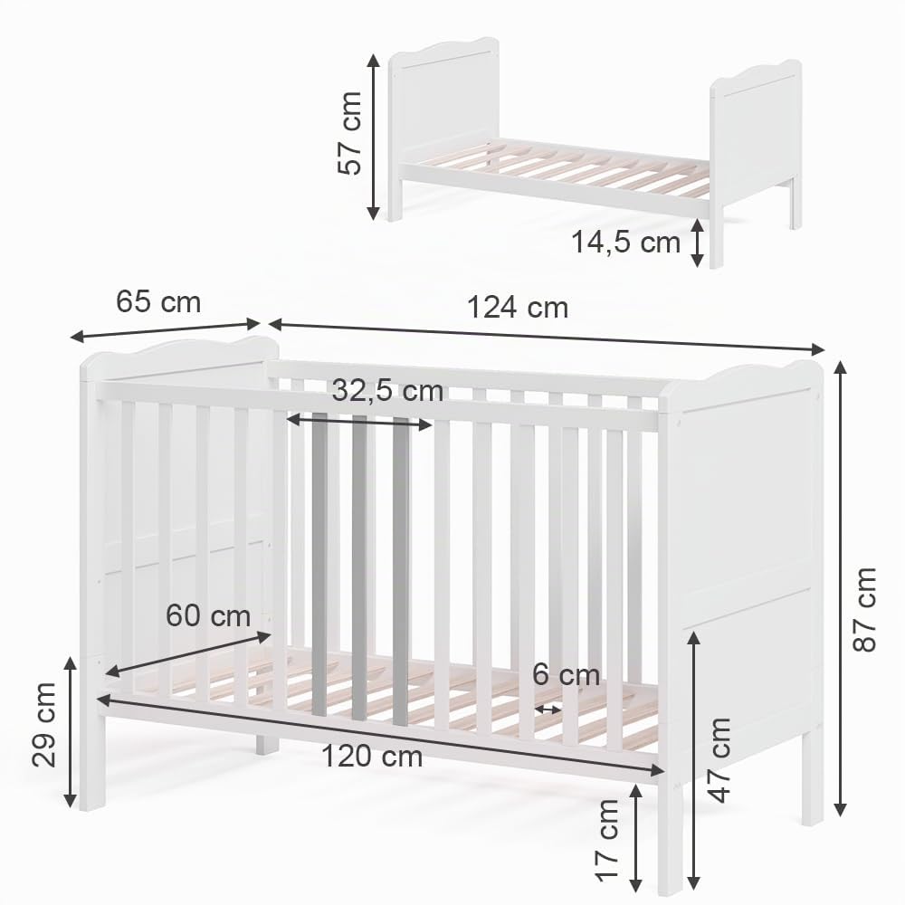 VitaliSpa Culla neonato Tobi, Bianco, 60x120 cm | con rete a doghe regolabile in altezza e sponde laterali rimovibili