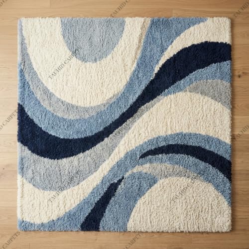 Image of Tauhid Carpet Super Soft Microfiber Shaggy Area Rug Modern Abstract Blue & Cream Plush Carpet | Fluffy Floor Rug for Living Room, Bedroom 6x9 Feet.