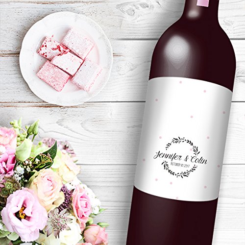 DesignThatSign 12 Wreath On Pink Dots Wine/Beer Bottle Labels Easy to Use Self Stick Labels