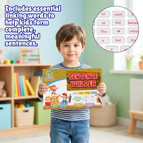 Image of Sentence Building Game | 312 Word Tiles Grammar Kit with Nouns, Verbs & Punctuation | Montessori English Learning Toy | Educational Puzzle | Improve Writing & Thinking Skills | for Kids 4+ Years