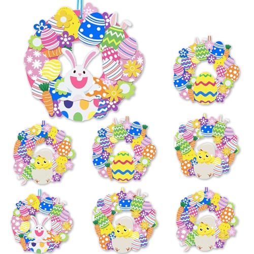Easter Wreaths for Front Door,8Pcs DIY Artificial Spring Easter Wreath Signs Decorations Outside Indoor Easter Bunny Rabbit Egg Carrot Flowers Foam Wreath with Ribbons for Door Farmhouse Home Wall
