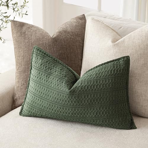 Image of Foindtower Set of 2 Decorative Cotton Waffle Weave Lumbar Throw Pillow Covers Euro Shams Cushion Covers Accent European Pillowcase for Bed Couch Bedroom Living Room Home Decor 12x20 Inch Dark Green
