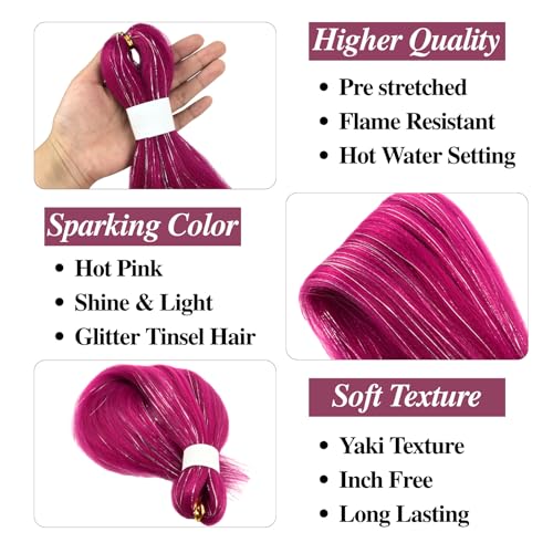 Tinsel Kids Braiding Hair Pre stretched Magenta Pink Braiding Hair for Glitter Braids Festival Braids Halloween Cosplay - Image 5