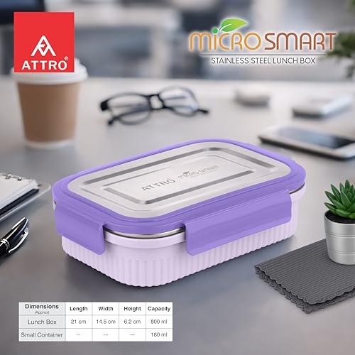 Image of ATTRO Micro Smart Stainless Steel Lunch Box with Inner Steel Body, Microwave Safe Without Lid, Airtight Leakproof with Small Container for Office, School Kids & Outdoor Use - 800ml+180ml-Purple