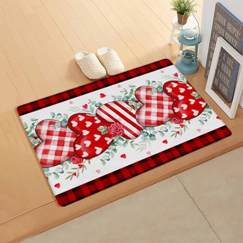 Valentine's Plaid Love Kitchen Bath Door Mat Cushioned Runner Rug,Washable Welcome Floor Sink Antifatigue Mat,Waterproof & Non-Slip Comfort Standing Doormat,Eucalyptus Leaves Red Rose Flower 24