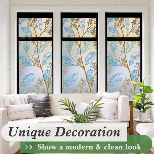 Image of MOCOCO Premium Vinyl Privacy Stained Window Glass Sticker (24x96 Inch) - Self-Adhesive Decorative Film Opaque Sheet Tint Wallpaper for Glass Cover Window, Door, Office, Home.| Anti-UV. Blue Leaves