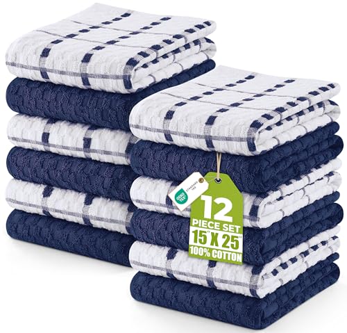 Utopia Towels - Kitchen Towels 12 Pack, 15 x 25 Inches, 100% Ring Spun Cotton Super Soft and Absorbent Linen Dish, Tea and Bar Towels Set, Navy