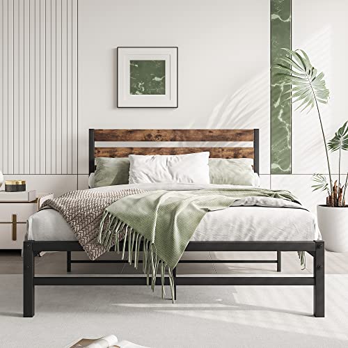 Astrivia Brown Full Size Bed Frame with Rustic Vintage Wood