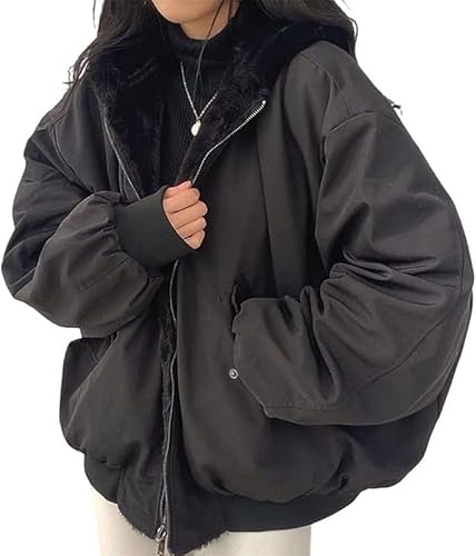 ASKSA Womens Winter Jackets Loose Reversible Parka with Hood Warm Fleece Winter Coat Outdoor Jacket (Black,L)