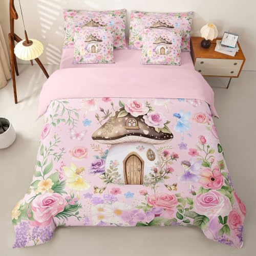 Loussiesd Dreamy Fairy - Juego de funda de edredón con sábanas, 7 piezas, tamaño Super King, diseño floral de hongos en una bolsa, juego de ropa de cama para niños y niñas