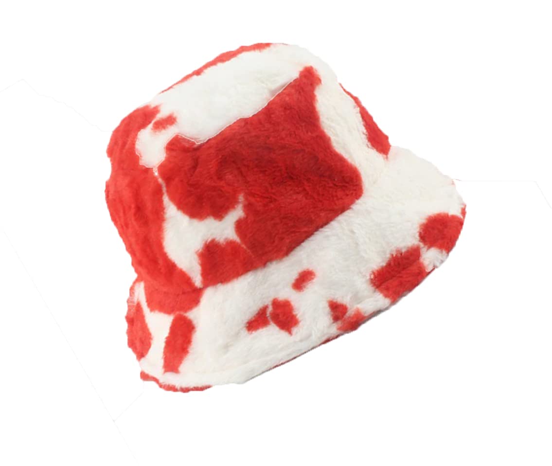 KGM Stylish New Soft Fleecy Faux Fur Bucket hat - Festival Summer Winter Hats (Cow Print red)