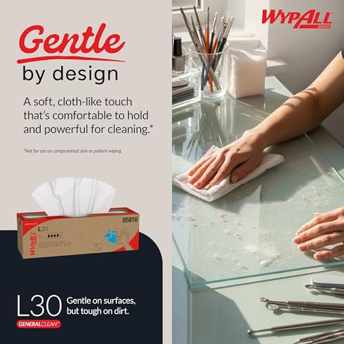 Image of WypAll GeneralClean L30 Cloths Heavy Duty Cleaning Wipes (05816), Pop-Up Box, Strong and Soft Bulk Paper Wipers, White (6 Packs of 120 Sheets, 720 Sheet Total)