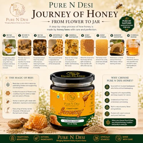 Image of PURE N DESI Ajwain Honey 500g | Raw Unfiltered Honey in Glass Jar | Raw, unfiltered Ajwain Honey in a premium glass jar with naturally rich aroma and authentic floral taste