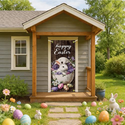 Image of Happy Easter Door Cover Rustic Wood Bunny Banner Vintage Eggs Spring Front Door Decorations Home Party Outdoor Decor 35.4x71 Inch