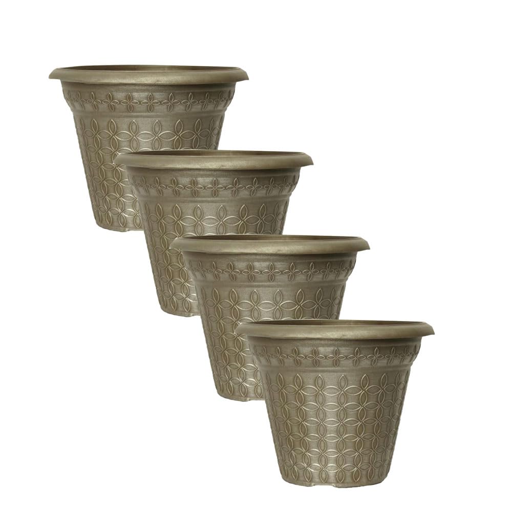Shopior Brushed Metallic Cappuccino Mod Flora Plant Pot Planter – 9L Indoor Outdoor Flower Pot With Drainage Holes | Weatherproof Decorative Garden Container For Plants, Herbs, Shrubs (Brushed Metallic Cappucino, 30Cm-Pack 4)