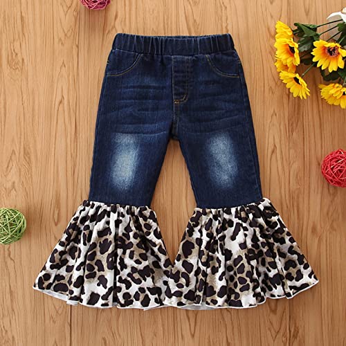 Kids Girls Leopard Print Flare Jeans Toddler Vintage Bell Bottom Pants Washed Denim Pants 1-6Y2