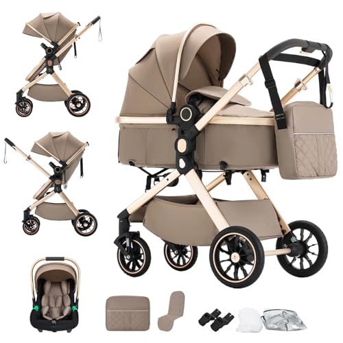 BEBBY Cochecito de bebé 3 en 1,Carrito Bebe 3 en 1 Con Asiento, Cochecitos Portátil Plegable Con, Carricoche Combinado Paisaje Alto Marco de Aluminio Para Recién Nacido (U9-X-BROWN, U9-X)