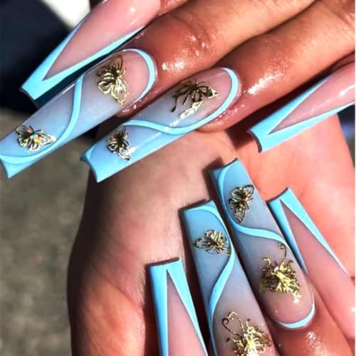 Brishow Uñas postizas largas tipo ataúd con mariposa dorada, uñas postizas azules francesas, uñas adhesivas de cobertura completa, 24 piezas para mujeres y niñas