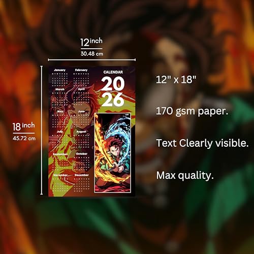 Image of 2026 Anime Calendar 12x18 Inch | Tanjiro Red Inspired Wall Poster Calendar | Aesthetic Anime Room Decor | 170 GSM Print