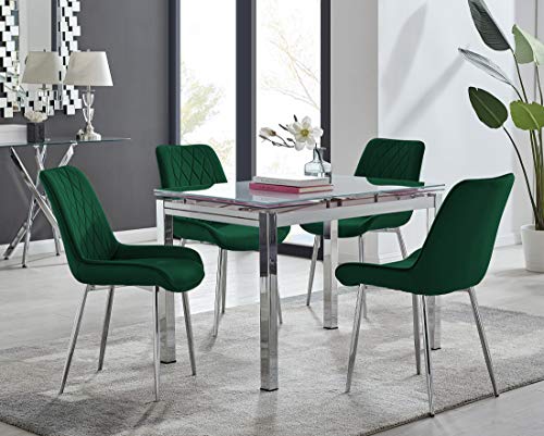 Furniturebox UK Enna White Glass and Chrome Extending Kitchen Dining Table & 4 Green Velvet Silver Chrome Leg Pesaro Dining Chairs