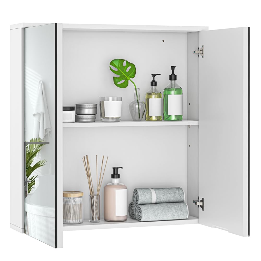 Yaheetech Armario de Baño con Espejo Armario Colgante de Pared con 2 Puertas y Estante Ajustable Moderno para Dormitorio Salón 63x15x60 cm Blanco