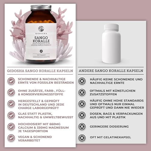 QIDOSHA® Sango Meereskoralle Kapseln, 240 Stk/Glas, hochdosiert mit 660mg Calcium & 330mg Magnesium (optimales 2:1 Verhältnis), nachhaltige Ernte, deutsche Fertigung, jede Charge laborgeprüft