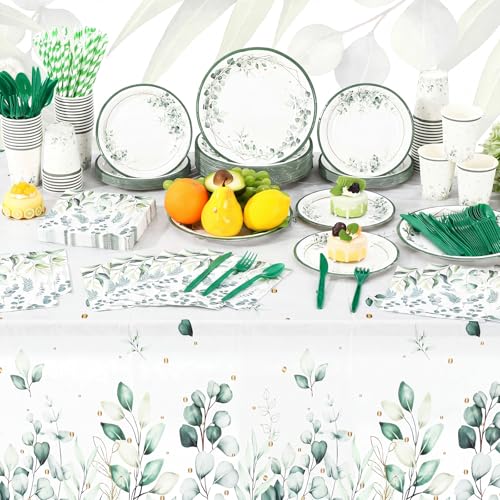 Image of Funnymoom 452 Pcs Sage Green Party Decorations for 50 Guests, Eucalyptus Theme Paper Plates Napkins Cups Tablecloth Cutlery Straws for Bridal Baby Shower Birthday Wedding Party Decorations Supplies