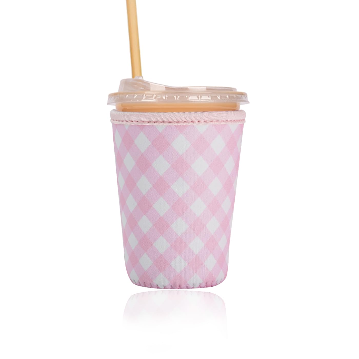 Reusable Insulated Sleeve for Iced Coffee Cup, Coffee Neoprene Sleeve for Cold &amp; Hot Drinks, Beverage Holder for Iced Coffee (Blush Gingham, Small: 16-18oz)