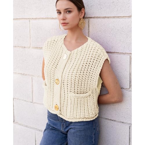 Image of Hixiaohe Womens Crochet Chunky Knit Top Sleeveless Button Down Crop Tops Trendy Cardigan Sweater Vest for Women with Pockets