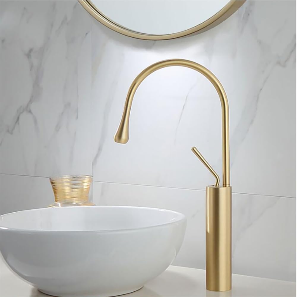 Grifo alto dorado para lavabo de baño, monomando de diseño dorado, con caño giratorio 360°, grifo, grifo mezclador para lavabo, cepillado